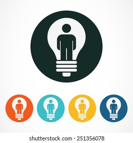 Abstract multicolor logo, icon, emblem design template. Light bulb with human silhouette. Concept for business solutions, development and innovation, creativity. Vector isolated illustration.

