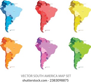 Resumen conjunto de mapas multicolor de Sudamérica con estados y nombre de capital,borde.Se puede usar ilustración detallada de vector moderno para presentación, gráfico, informe, camiseta, afiche o plantillas geográficas.