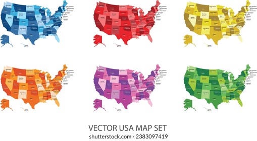 Resumen conjunto de mapas multicolor de EE.UU. con estados y nombre de capital,borde.Se puede usar ilustración moderna de vector detallado para presentación, informe, camiseta, afiche o plantillas geográficas