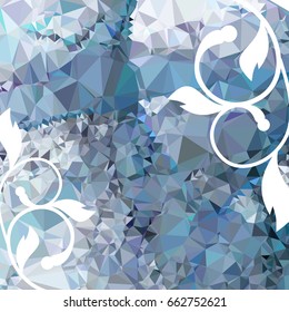 Abstract multicolor mosaic backdrop with floral silhouettes. Geometric low polygonal background. Design element for book covers, presentations layouts, title backgrounds. Vector clip art.