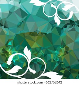 Abstract multicolor mosaic backdrop with floral silhouettes. Geometric low polygonal background. Design element for book covers, presentations layouts, title backgrounds. Vector clip art.