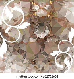 Abstract multicolor mosaic backdrop with floral silhouettes. Geometric low polygonal background. Design element for book covers, presentations layouts, title backgrounds. Vector clip art.