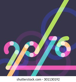 Abstract multicolor New Year 2016 black background with place for text. Multicolor holiday greeting card. Creative flat design, concept for banner, poster, flyer design, night party.