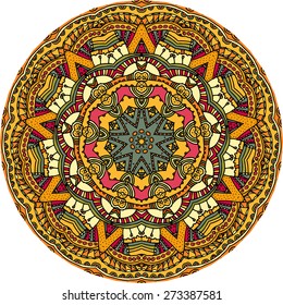 Abstract multicolor ornamental hand drawn doodle mandala. Endless texture background for textile, paper and web.