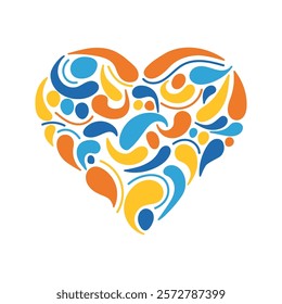 Abstract multicolor pattern in a heart or love silhouette illustration. Organic shapes vector design. Colors: Blue, orange, and yellow.