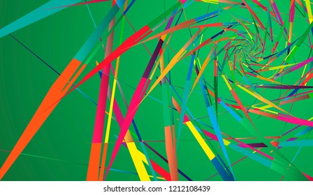 Abstract multicolor pattern on green background. Ray-shaped rotating shapes.