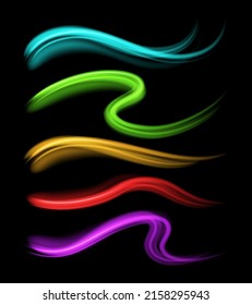 Abstract multicolor rainbow dynamic energy curved lines burning smooth texture collection realistic template vector illustration. Blazing futuristic stripes glow lightning fluid stream random flow