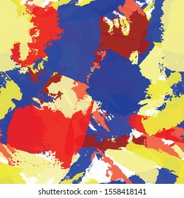 Abstract multi-color seamless chaotic pattern of paint spots. Vector texture for printing on fabric. Urban grunge background