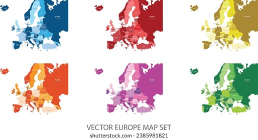Abstract multicolor set of continent Europe map with states and capital name,border.Detailed vector modern illustration use for presentation,report,chart,t-shirt,poster or geographical templates
