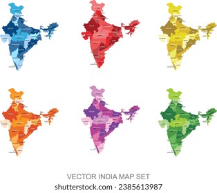 Abstract multicolor set of India map with states and capital name,border.Detailed vector modern illustration use for presentation,report,t-shirt,poster or geographical templates,education.