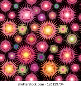 Abstract multicolor star firework  background in 1960s fabric style. Circles seamless pattern.