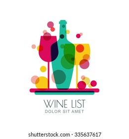 Abstract multicolor trendy illustration of tray with wine bottle and two glasses. Vector logo design template. Concept for wine list, bar menu, alcohol drinks.