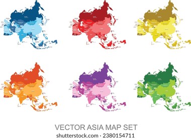 Abstract multicolor vector map set of Asia with countries and capital name,border.Detailed vector modern illustration can be use for presentation,chart,report,t-shirt,poster or geographical templates