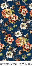 abstract multicolor vector textile design, arrangement with big and tiny hibiscus flower, all-over seamless pattern with red and yellow tone color illustration digital image printing factory
