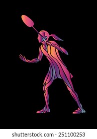 Abstract multicolor waves stylized female badminton player on black background. Vector illustration