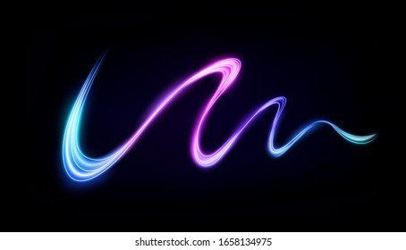 Línea de luz ondulada multicolor, aislada en fondo oscuro.  Ilustración vectorial