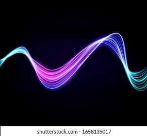 Abstract Multicolor Wavy Line of Light, isolated on Dark Background. Vector Illustration