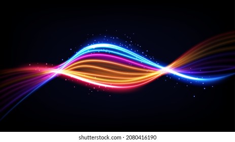 Abstract Multicolor Wavy Line of Light, isolated on Dark Background. Vector Illustration