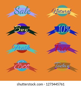 Abstract multicolored abc shop stamp circle with ribbon pattern.
