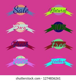 Abstract multicolored abc shop stamp circle with ribbon pattern.