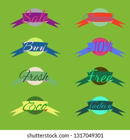 Abstract multicolored abc shop stamp circle with ribbon pattern.