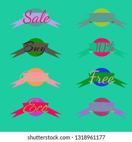 Abstract multicolored abc shop stamp circle with ribbon pattern.