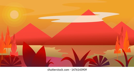 Abstract multicolored autumn forest with river and mountain, fairy tale forest in flat design, beautiful vector illustrator.