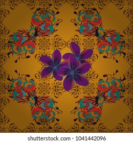 Abstract multicolored background composition with poppy flowers and leafs in blue, yellow and brown colors, splashes, doodles and stylized flowers. Summertime vector floral seamless pattern.