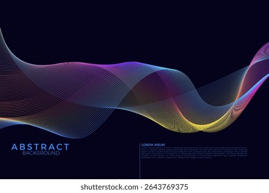 The abstract multi-colored background lines form wave lines in a minimalist style over a dark blue background.