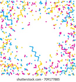Abstract multicolored background. A lot of small falling confetti. Confetti fly from all sides to the center. Confetti frame
