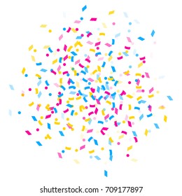 Abstract multicolored background. A lot of small falling confetti. Explosion of confetti from the center