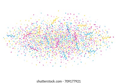 Abstract multicolored background. A lot of small falling confetti. Explosion of confetti from the center