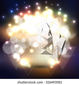 Abstract multicolored backgrounds with bokeh lights and stars. Vector 3D pyramids, scientific or digital design, science vector illustration.