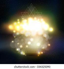 Abstract multicolored backgrounds with bokeh lights and stars. Vector 3D pyramids, scientific or digital design, science vector illustration.