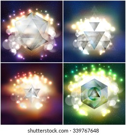 Abstract multicolored backgrounds with bokeh lights and stars. Scientific or digital design, science vector illustration.