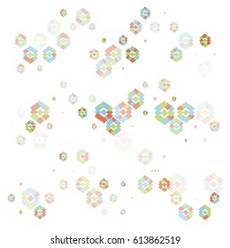 Abstract Multicolored (Blue, Yellow, Red and Green) Ornament with Elements of Different Opacity and Size on White Background