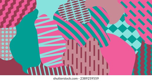 Abstract multicolored blue-beige-pink-red background with chaotic figures and decor zigzag, dots, stripes. Bright colorful vector illustration