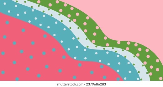 Abstract multicolored blue-green-pink background with wavy lines and decor dots. Bright colorful vector illustration