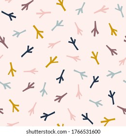 Resumen de ramas multicolores sobre fondo rosa claro. Patrón vectorial sin fisuras con formas abstractas. Retroceso de mano para textil, papel envolvente, diseño plano y de niño.