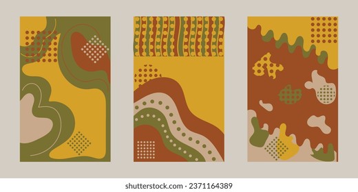 Abstract multicolored brown-yellow-green-beige background with chaotic figures on three templates. Vector illustration