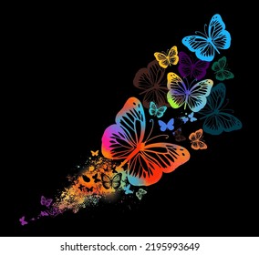 Abstract multicolored butterflies with splashes of paint. on a black background Vector illustration