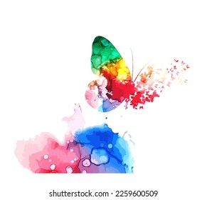 Abstract multicolored butterfly. Mixed media. Rainbow blots. Vector illustration