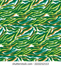 Abstract Multicolored Camouflage Style Zebra Stripes Trendy Fashion Colored Seamless Vector Pattern Perfect for Allover Fabric Print or Wrapping Paper Animal Texture Green Tones