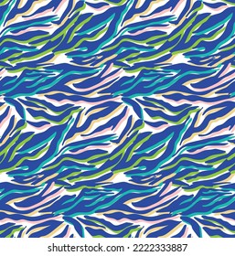 Abstract Multicolored Camouflage Style Zebra Stripes Trendy Fashion Colored Seamless Vector Pattern Perfect for Allover Fabric Print or Wrapping Paper Animal Texture Electric Purple Sky Blue Green