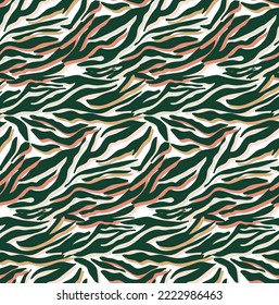 Abstract Multicolored Camouflage Style Zebra Stripes Trendy Fashion Colored Seamless Vector Pattern Perfect for Allover Fabric Print or Wrapping Paper Animal Texture Dark Green Tones