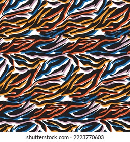 Abstract Multicolored Camouflage Style Zebra Stripes Trendy Fashion Colored Seamless Vector Pattern Perfect for Allover Fabric Print or Wrapping Paper Animal Texture Black Blue Orange Tones