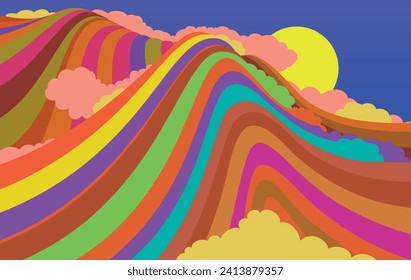 Abstract multi-colored caramel mountains covered with sweet clouds.