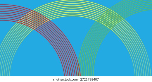 Linhas curvas multicoloridas abstratas que se cruzam em fundo de gradiente azul, ilustração vetorial.