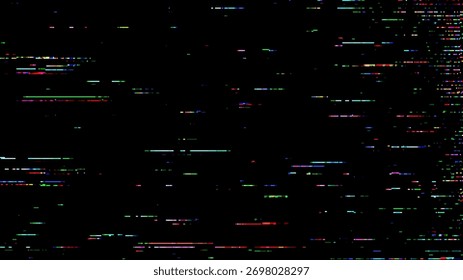 Abstract multicolored digital data glitch on black background. Modern distorted signal effect. Dynamic cyberpunk style backdrop.