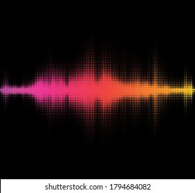 Resumen de ondas de sonido punteadas multicolores sobre fondo negro. Ilustración vectorial.